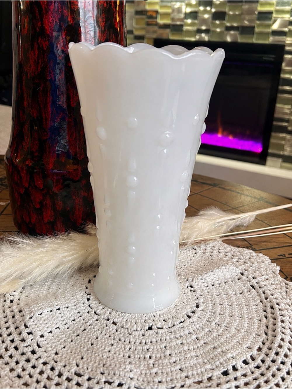 Vintage Anchor Hocking Milk Glass Vase | Teardrop & Pearl Pattern | Scallop Rim